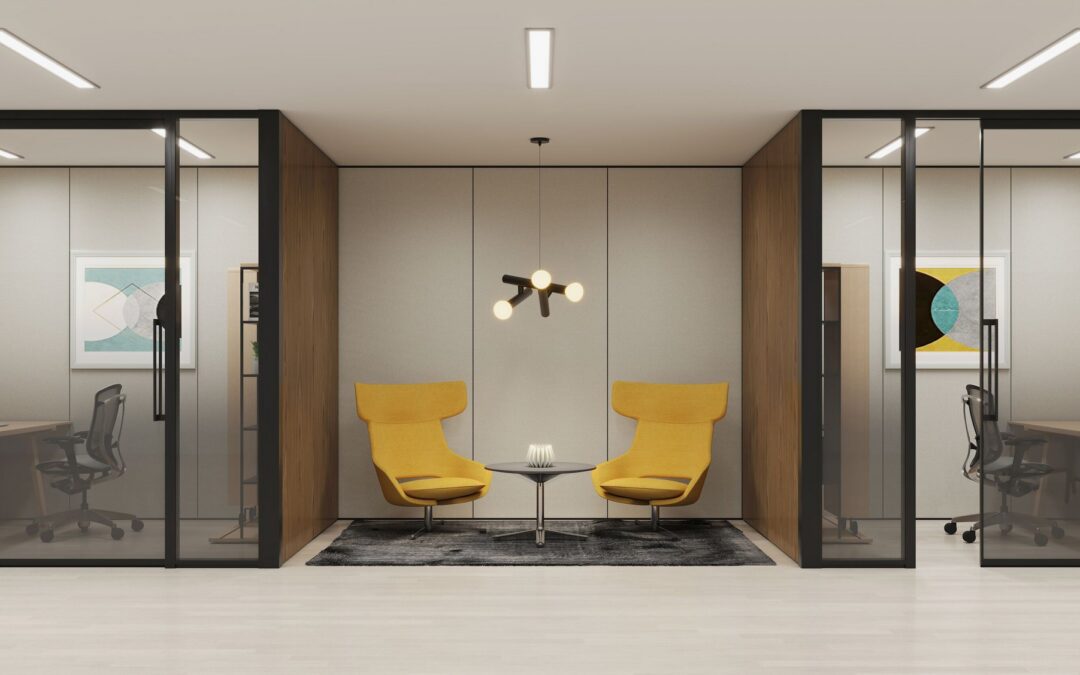 This photo shows an office space nook with ergonomic Teknion furniture